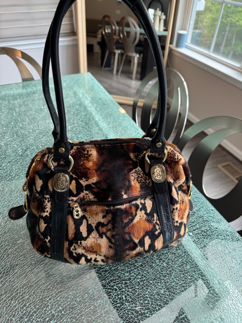 Marino Orlandi Leopard Print Faux Fur Satchel Handbag - Brown/Black